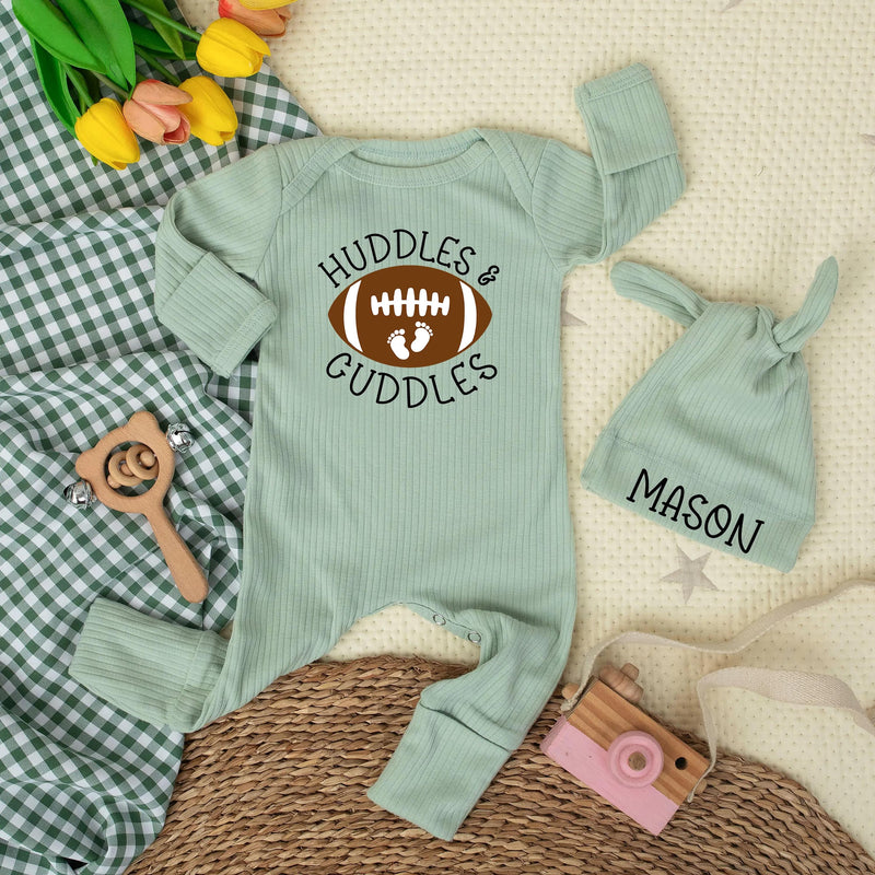 Custom Football Baby Bodysuit with Huddles & Cuddles Design, Soft Cotton Newborn Romper, Personalized Hat, Sport Baby Shower Gift Outfit