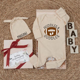 Custom Football Baby Bodysuit with Huddles & Cuddles Design, Soft Cotton Newborn Romper, Personalized Hat, Sport Baby Shower Gift Outfit