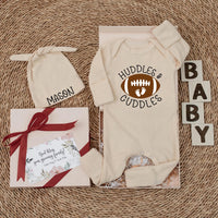 Custom Football Baby Bodysuit with Huddles & Cuddles Design, Soft Cotton Newborn Romper, Personalized Hat, Sport Baby Shower Gift Outfit