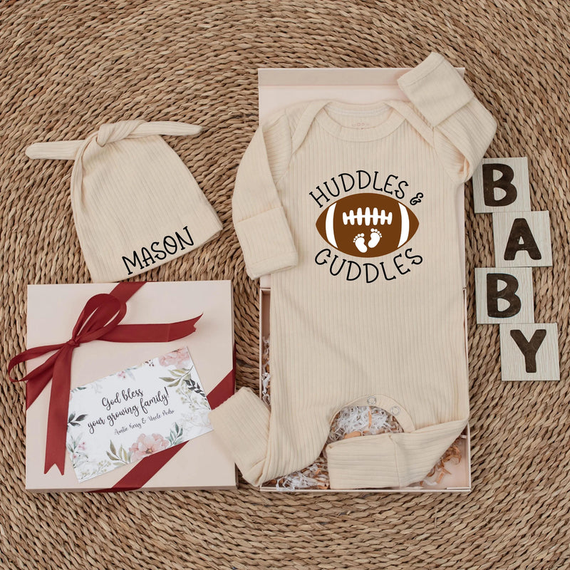 Custom Football Baby Bodysuit with Huddles & Cuddles Design, Soft Cotton Newborn Romper, Personalized Hat, Sport Baby Shower Gift Outfit