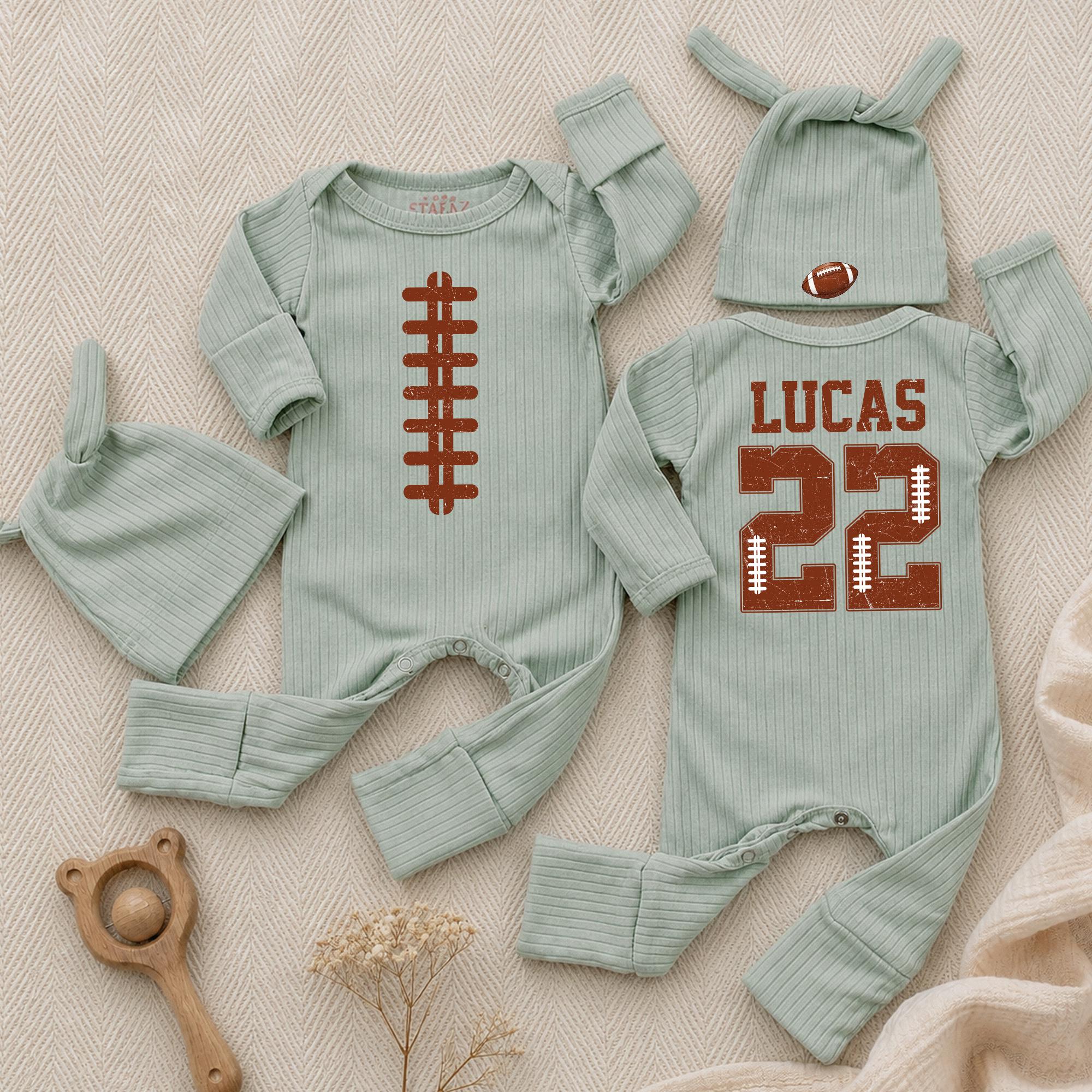 Custom Football Baby Bodysuit with Name & Number, Ribbed Cotton Game Day Outfit for Newborns & Toddlers, Perfect for Sports Fans & Gifts