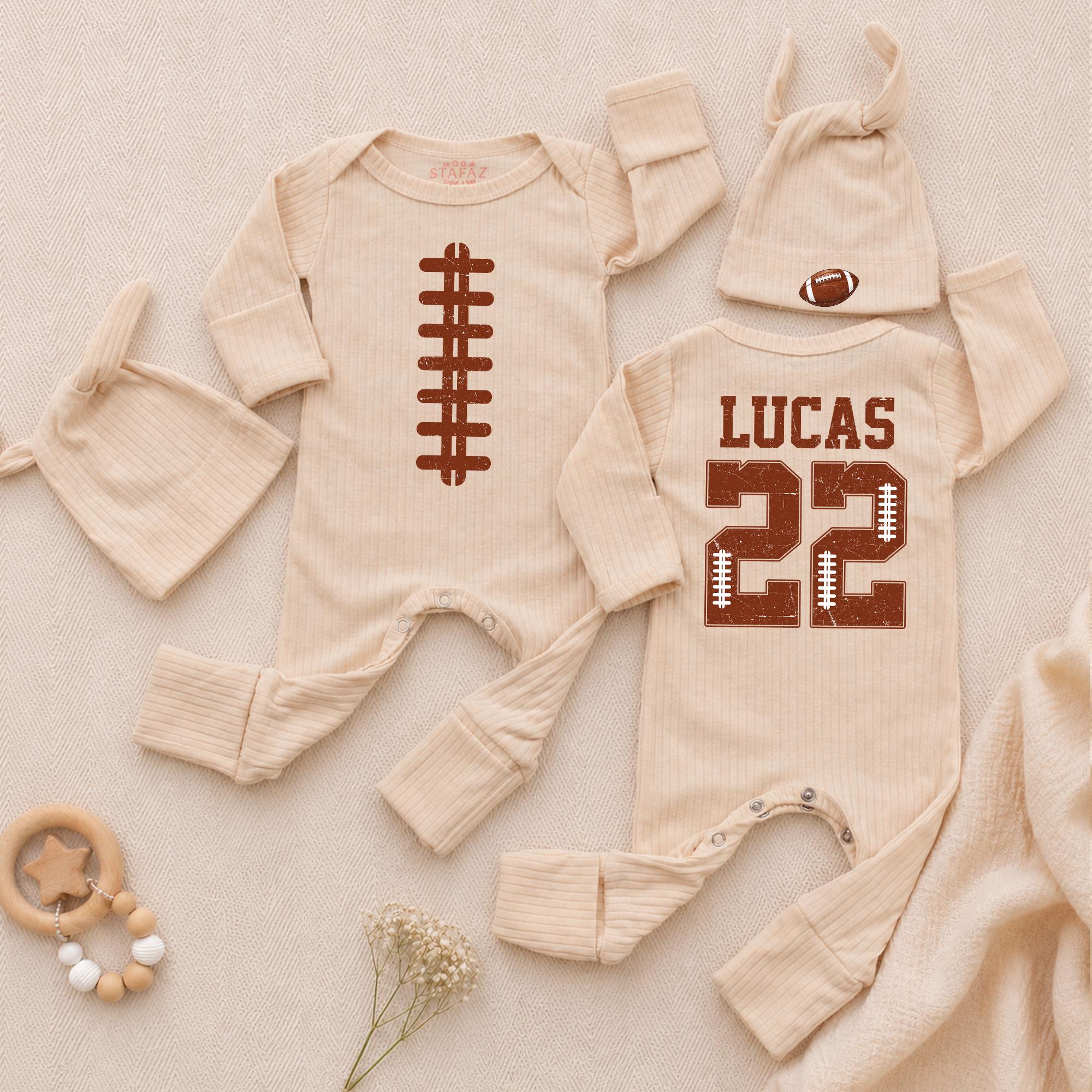 Custom Football Baby Bodysuit with Name & Number, Ribbed Cotton Game Day Outfit for Newborns & Toddlers, Perfect for Sports Fans & Gifts