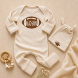 Custom Football Baby Bodysuit with Name, Soft Cotton Long Sleeve Game Day Outfit for Newborns and Infants, Fall Baby Shower Gift Set