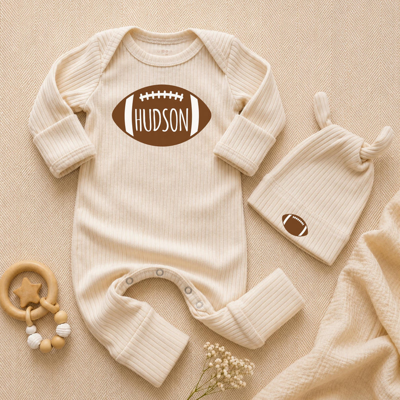 Custom Football Baby Bodysuit with Name, Soft Cotton Long Sleeve Game Day Outfit for Newborns and Infants, Fall Baby Shower Gift Set