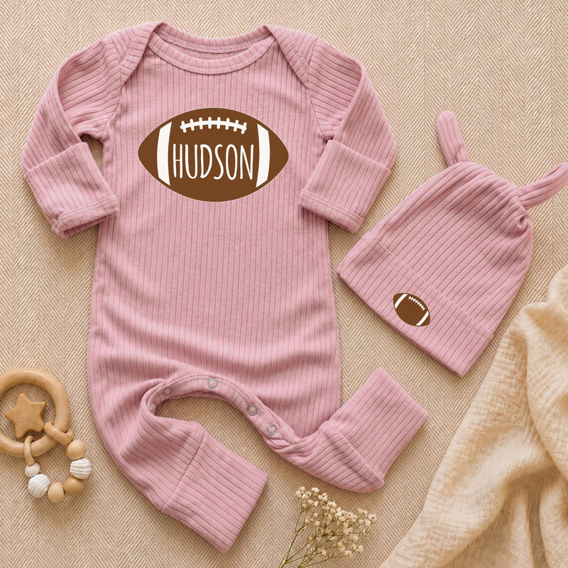 Custom Football Baby Bodysuit with Name, Soft Cotton Long Sleeve Game Day Outfit for Newborns and Infants, Fall Baby Shower Gift Set
