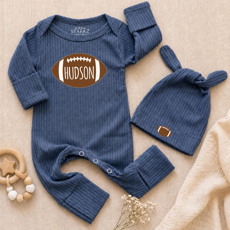Custom Football Baby Bodysuit with Name, Soft Cotton Long Sleeve Game Day Outfit for Newborns and Infants, Fall Baby Shower Gift Set