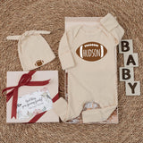 Custom Football Baby Bodysuit with Name, Soft Cotton Long Sleeve Game Day Outfit for Newborns and Infants, Fall Baby Shower Gift Set