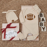 Custom Football Baby Bodysuit with Name, Soft Cotton Long Sleeve Game Day Outfit for Newborns and Infants, Fall Baby Shower Gift Set