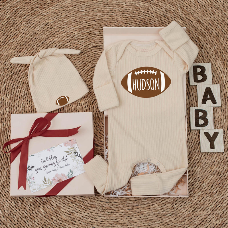 Custom Football Baby Bodysuit with Name, Soft Cotton Long Sleeve Game Day Outfit for Newborns and Infants, Fall Baby Shower Gift Set