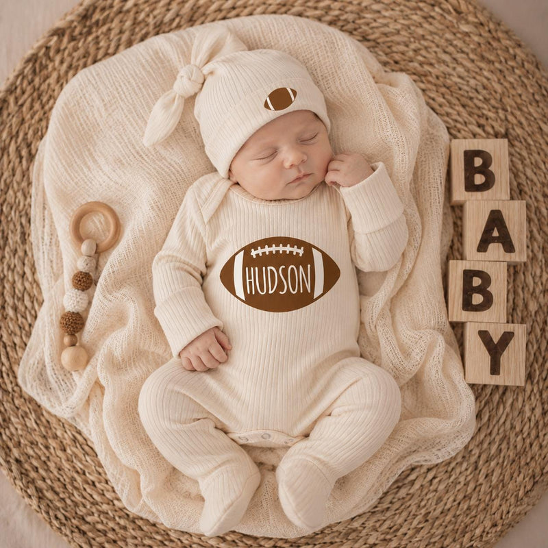 Custom Football Baby Bodysuit with Name, Soft Cotton Long Sleeve Game Day Outfit for Newborns and Infants, Fall Baby Shower Gift Set