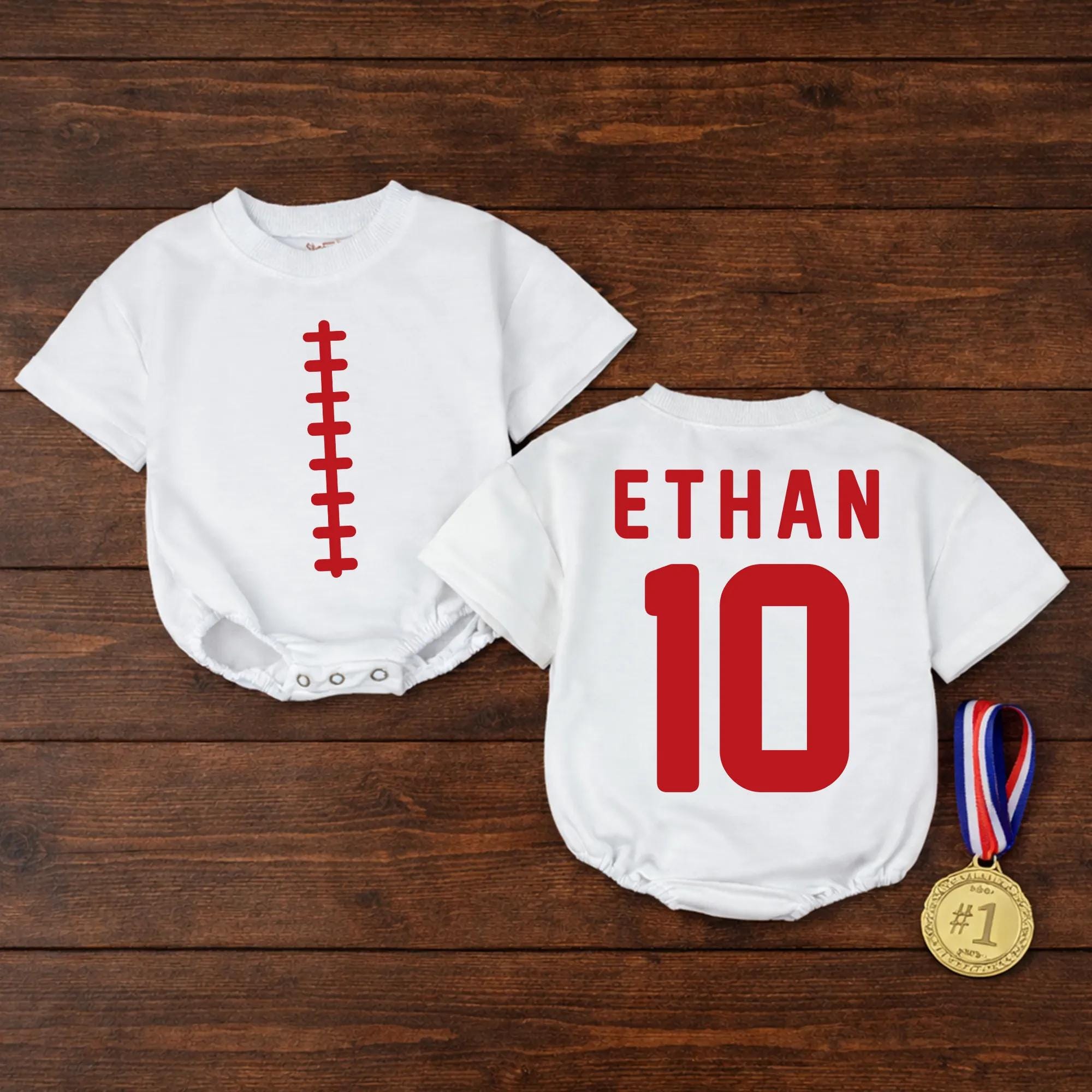 Custom Football Baby Romper with Player Name & Jersey Number, Soft Cotton Long Sleeve for Game Day, Perfect for Toddler Sports Fans