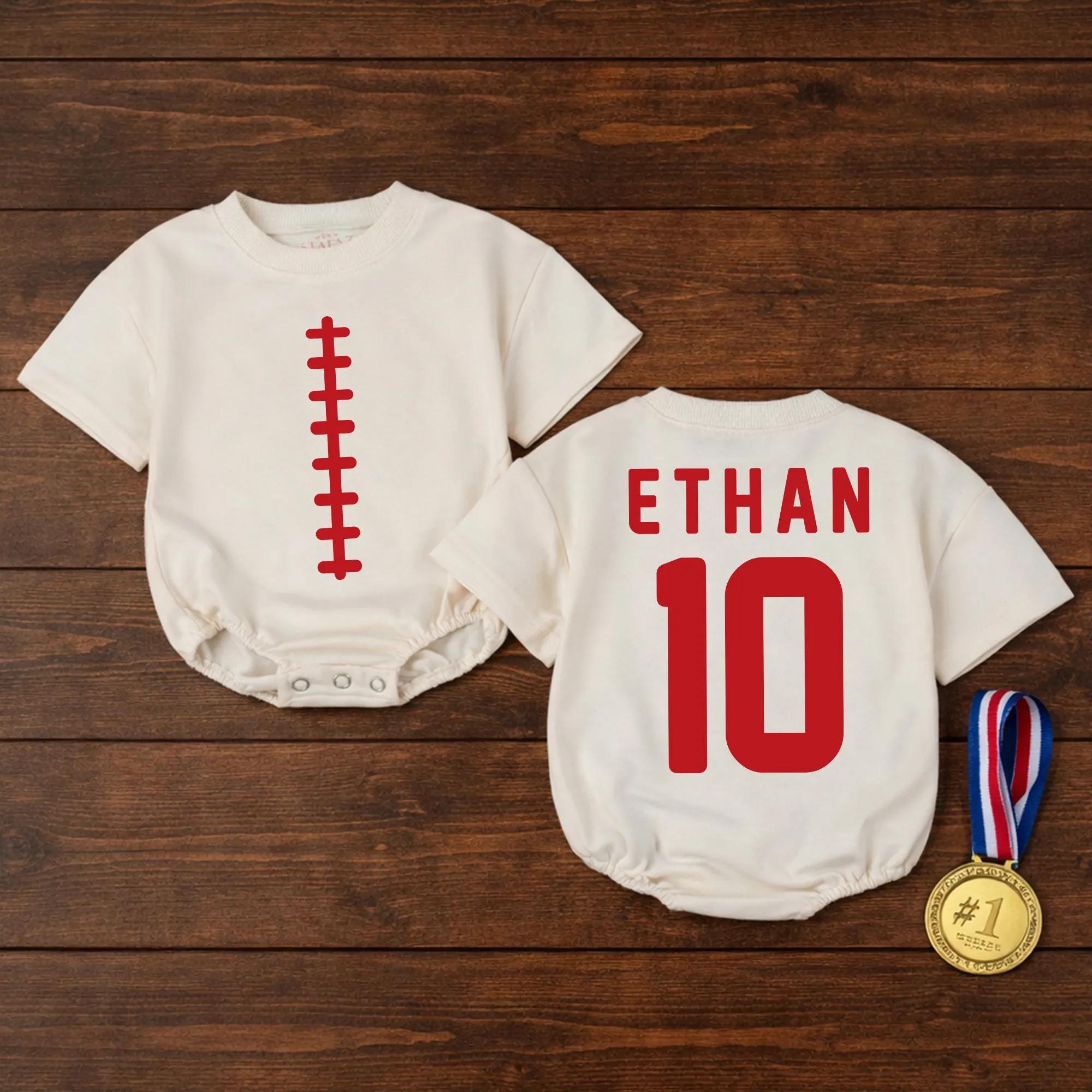 Custom Football Baby Romper with Player Name & Jersey Number, Soft Cotton Long Sleeve for Game Day, Perfect for Toddler Sports Fans