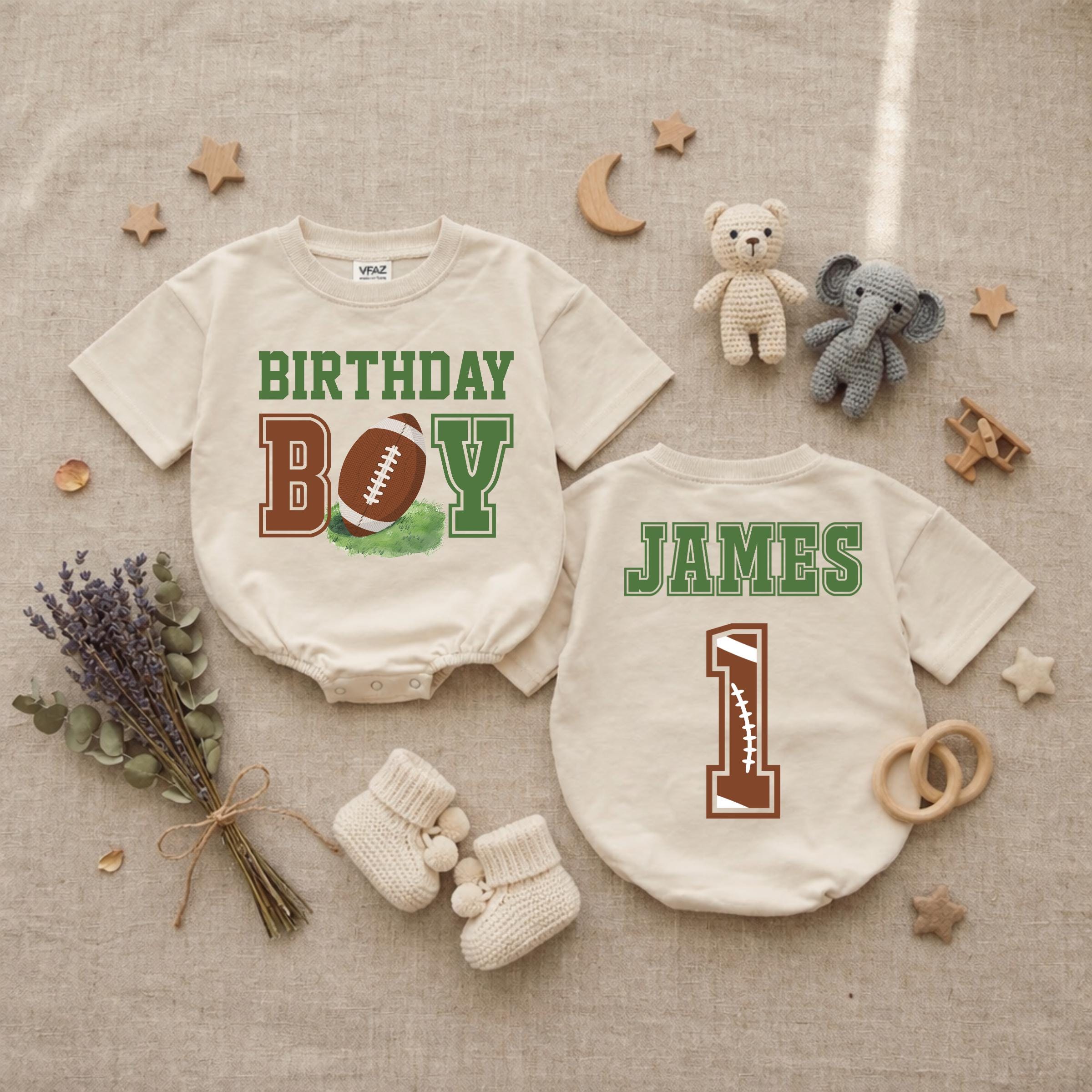 Custom Football Birthday Boy Romper for Baby's 1st Birthday, Personalized Name Bodysuit, Soft Cotton Long Sleeve Infant Outfit, Milestone Photos