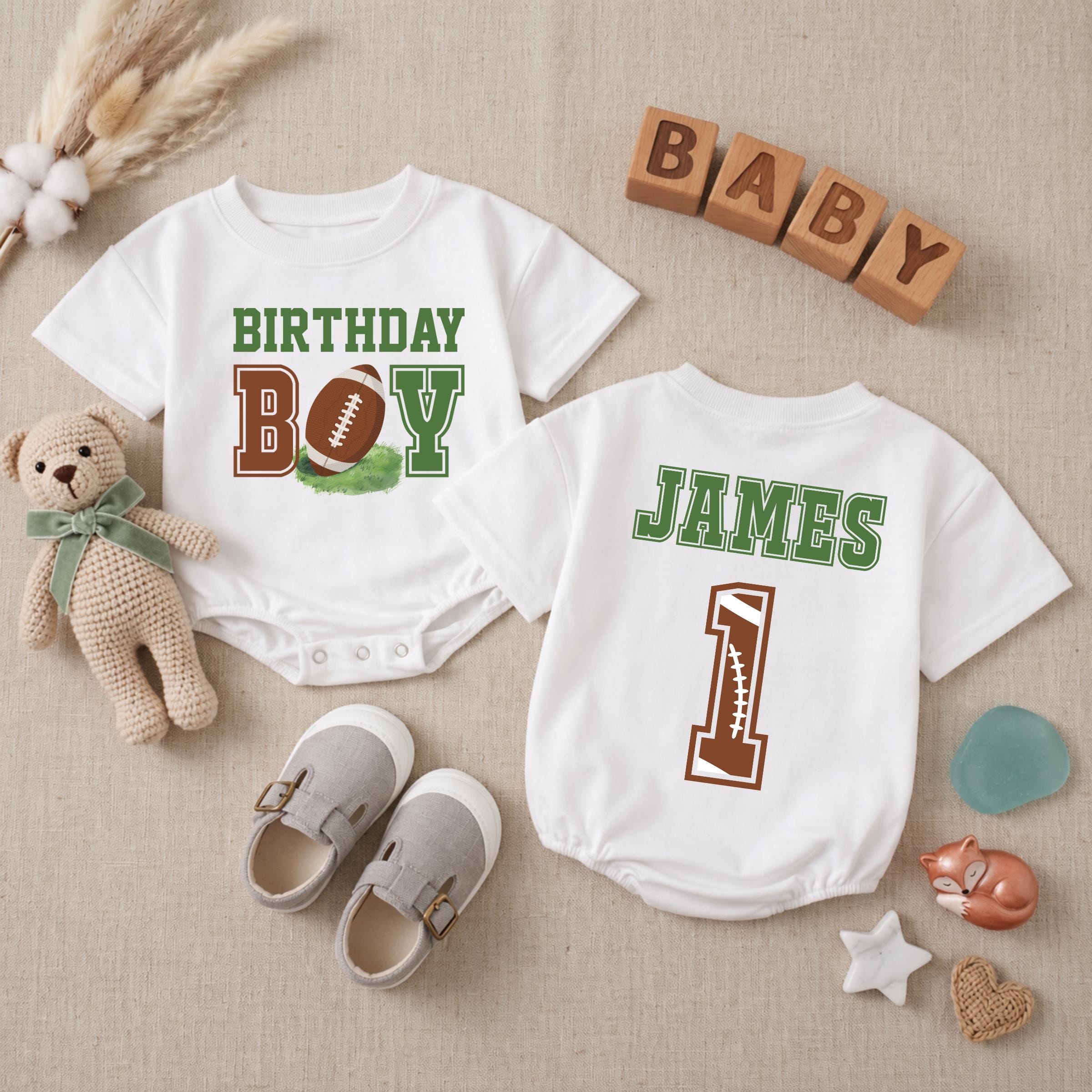 Custom Football Birthday Boy Romper for Baby's 1st Birthday, Personalized Name Bodysuit, Soft Cotton Long Sleeve Infant Outfit, Milestone Photos