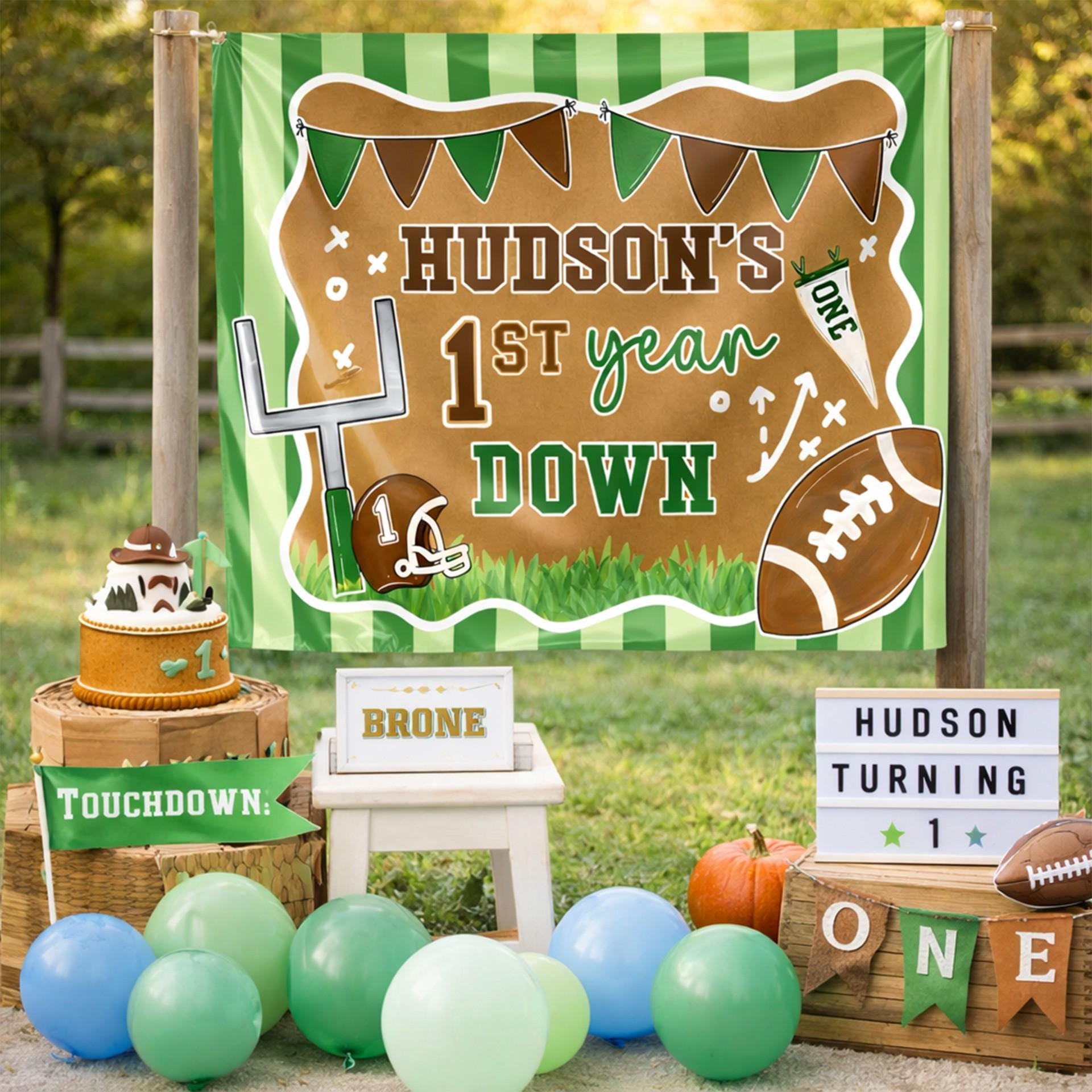 Custom Football First Birthday Backdrop with Hudson's 1st Year Down Design, Green Sports Theme Party Banner for Baby or Toddler Photos