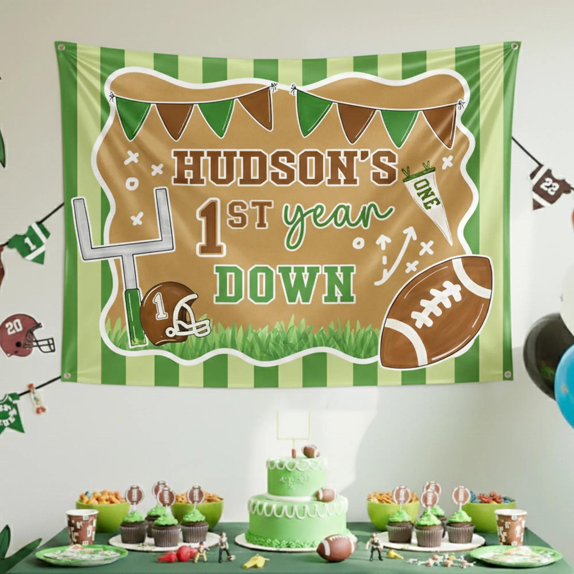 Custom Football First Birthday Backdrop with Hudson's 1st Year Down Design, Green Sports Theme Party Banner for Baby or Toddler Photos