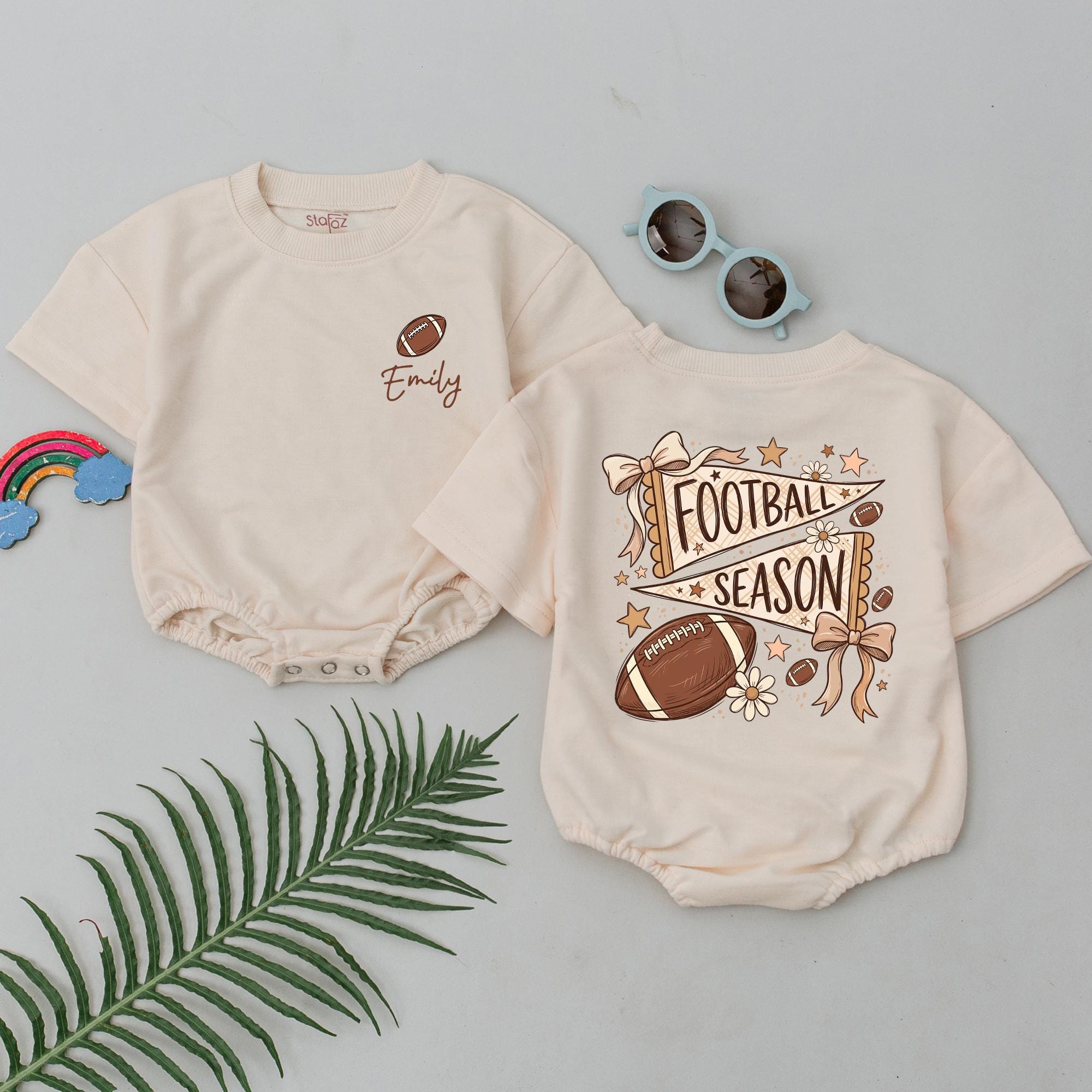 Custom Football Season Baby Romper, Personalized Game Day Outfit with Name, Soft Cotton Long Sleeve Bodysuit for Toddlers and Infants
