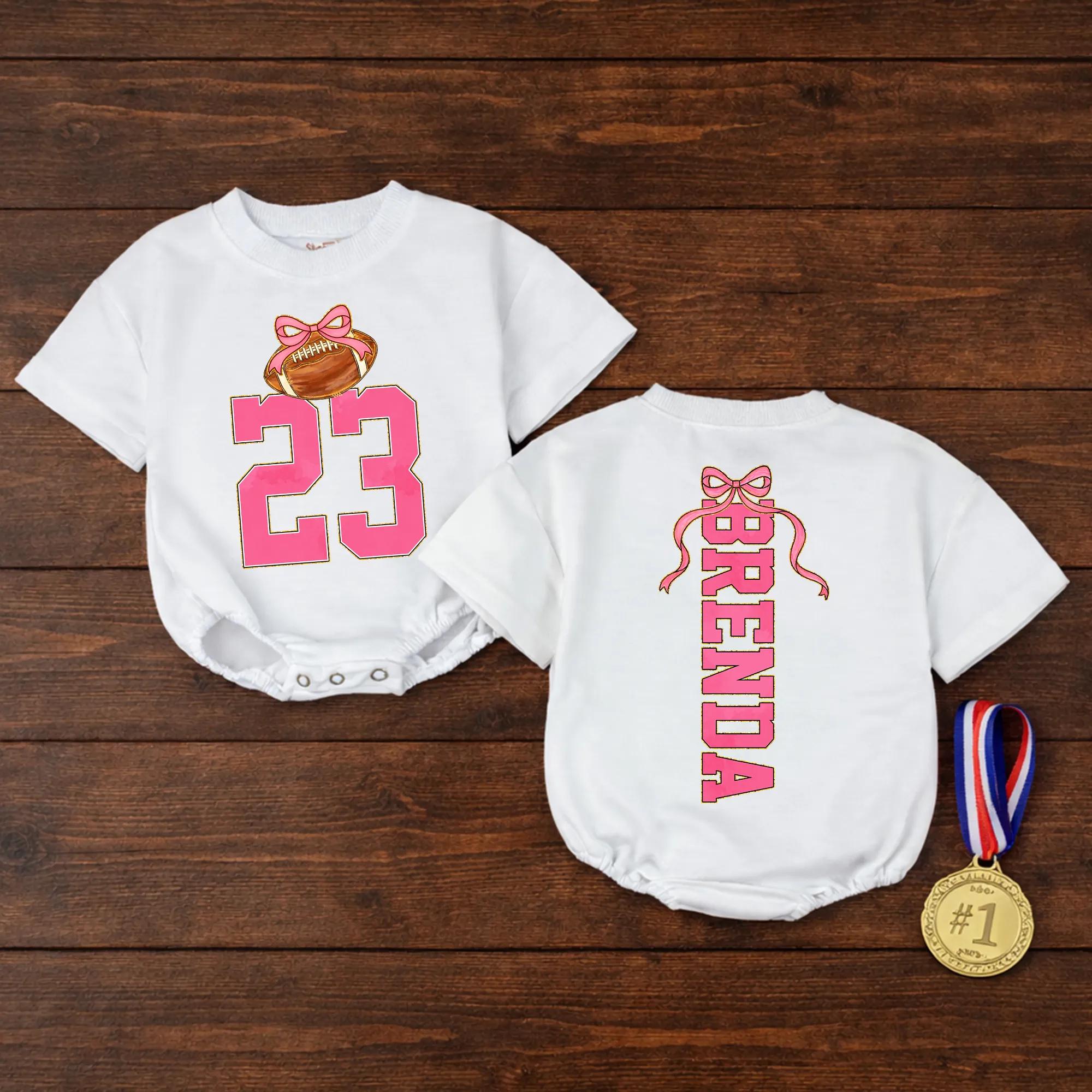 Custom Football Sister Baby Romper with Name & Number, Personalized Game Day Outfit for Baby Girls, Soft Cotton Long Sleeve Bodysuit