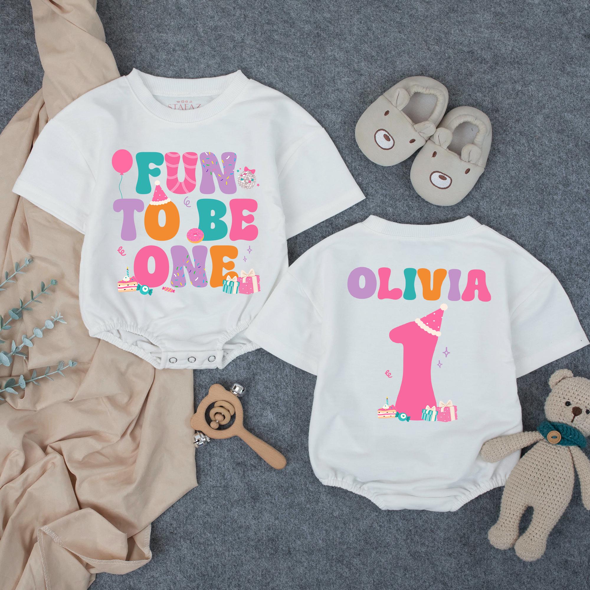 Custom Fun to Be One Birthday Outfit for Baby Girl Personalized Romper Colorful First Birthday Party Bodysuit with Olivia 1 Design