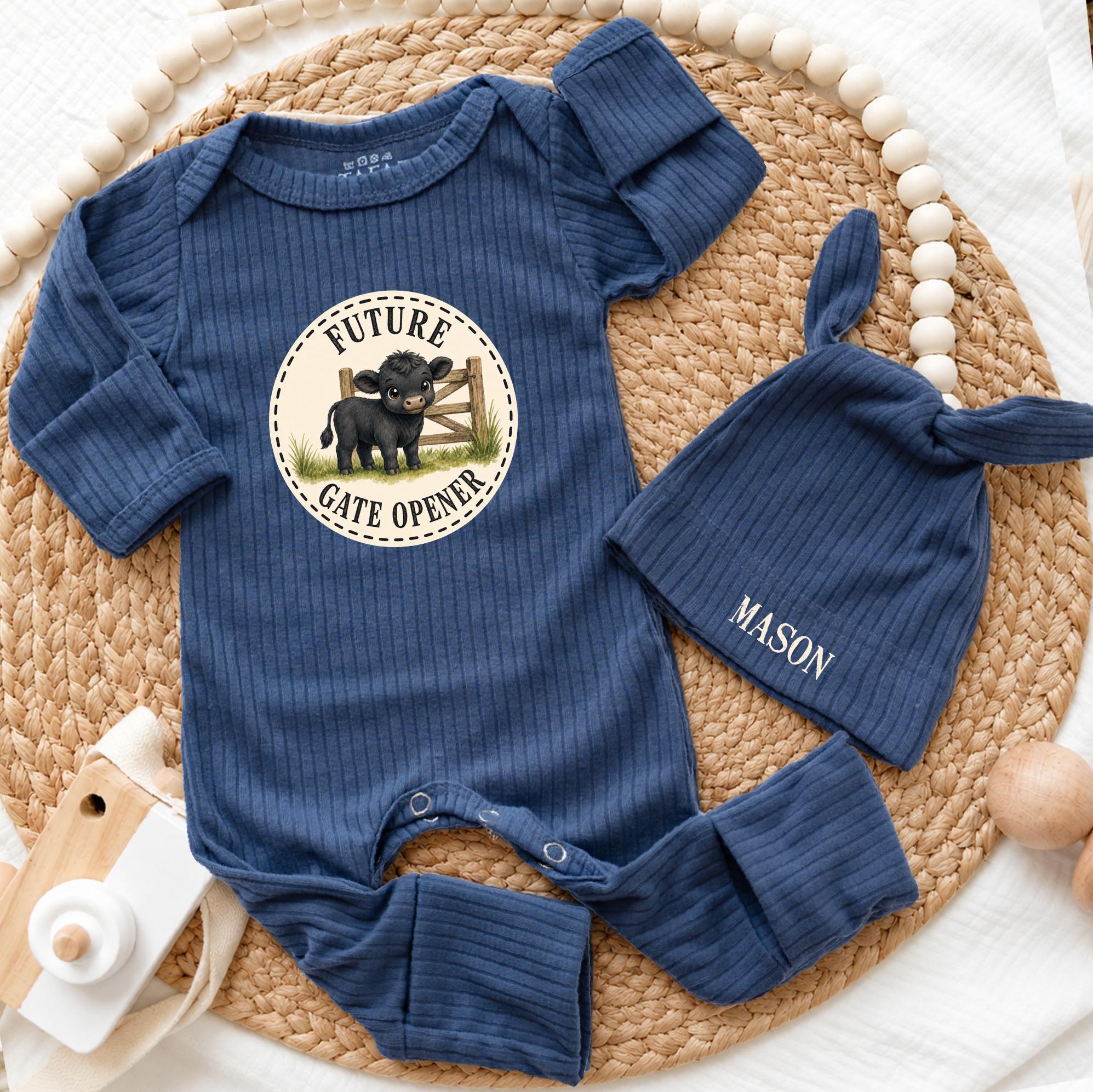 Custom Future Gate Opener Baby Bodysuit and Hat Set, Soft Cotton Ranch-Themed Outfit for Newborns, Perfect Baby Shower or Coming Home Gift