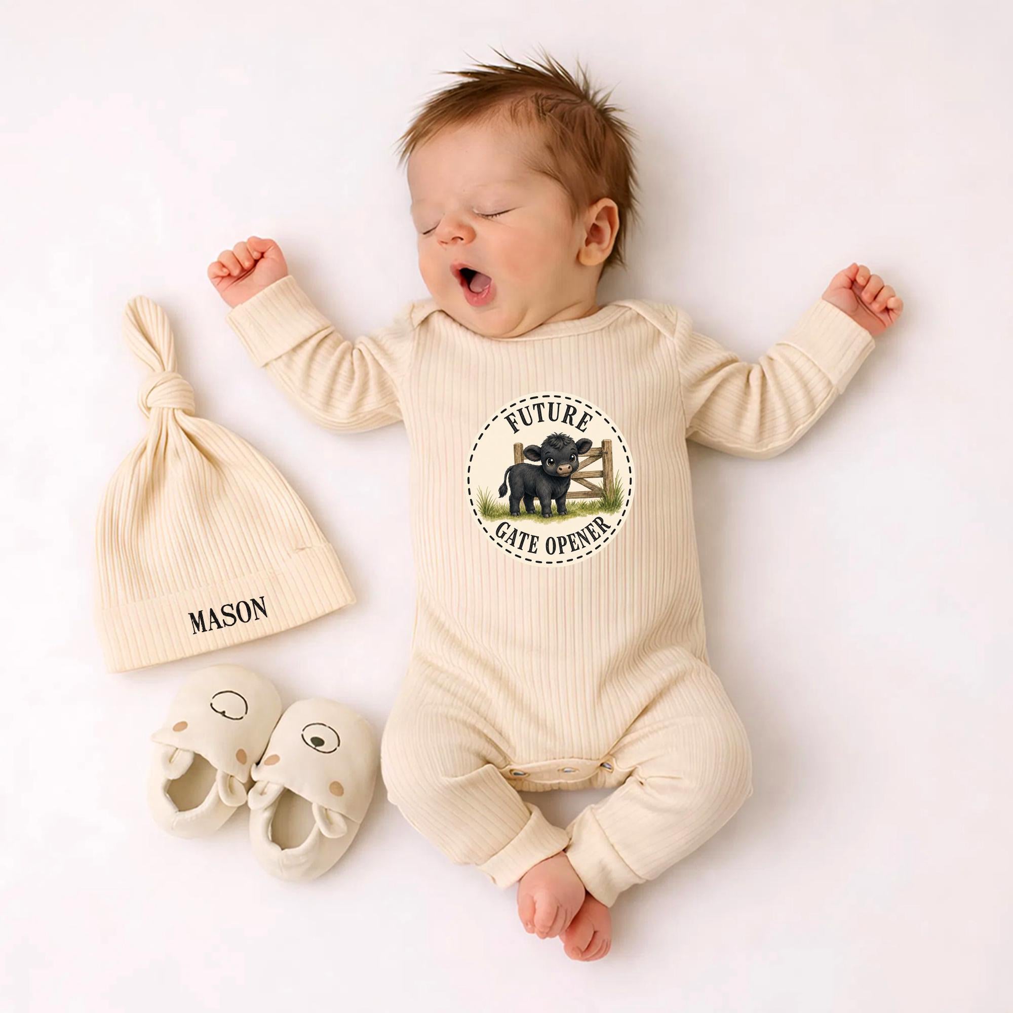 Custom Future Gate Opener Baby Bodysuit and Hat Set, Soft Cotton Ranch-Themed Outfit for Newborns, Perfect Baby Shower or Coming Home Gift