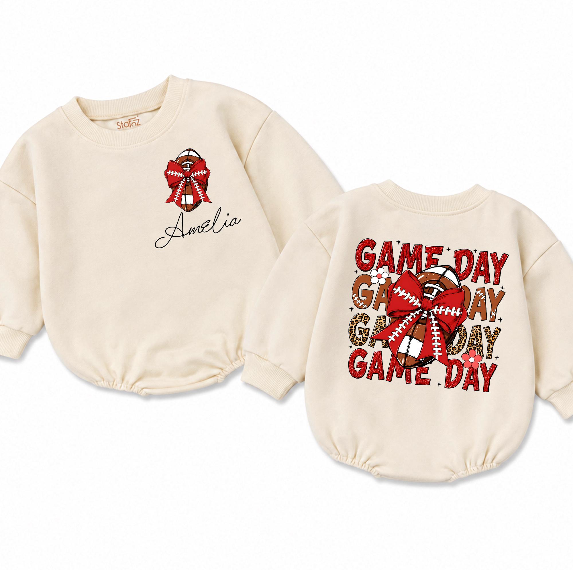 Custom Game Day Baby Romper, Personalized Football Bodysuit, Coquette Red Bow Bubble Romper, Front Back Print, Girl Tailgate Outfit