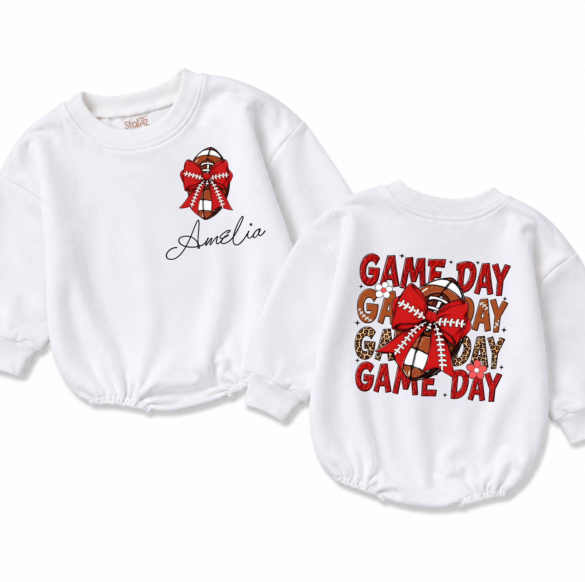 Custom Game Day Baby Romper, Personalized Football Bodysuit, Coquette Red Bow Bubble Romper, Front Back Print, Girl Tailgate Outfit