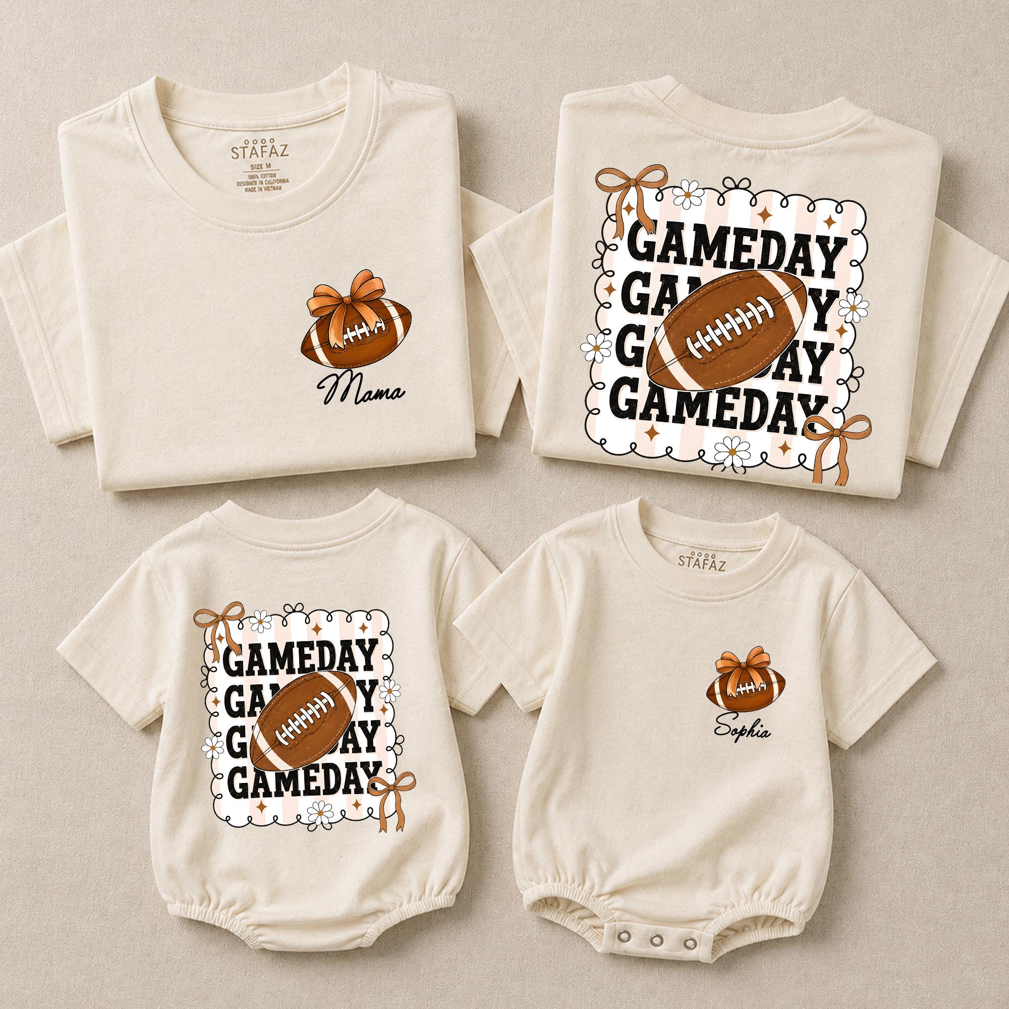 Custom Game Day Family Outfit with Football Artwork, Personalized Baby Romper, Kids' T-Shirt, and Adult Tee for Sports Birthdays