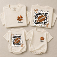 Custom Game Day Family Outfit with Football Artwork, Personalized Baby Romper, Kids' T-Shirt, and Adult Tee for Sports Birthdays