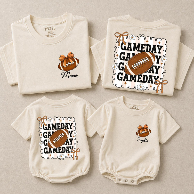 Custom Game Day Family Outfit with Football Artwork, Personalized Baby Romper, Kids' T-Shirt, and Adult Tee for Sports Birthdays