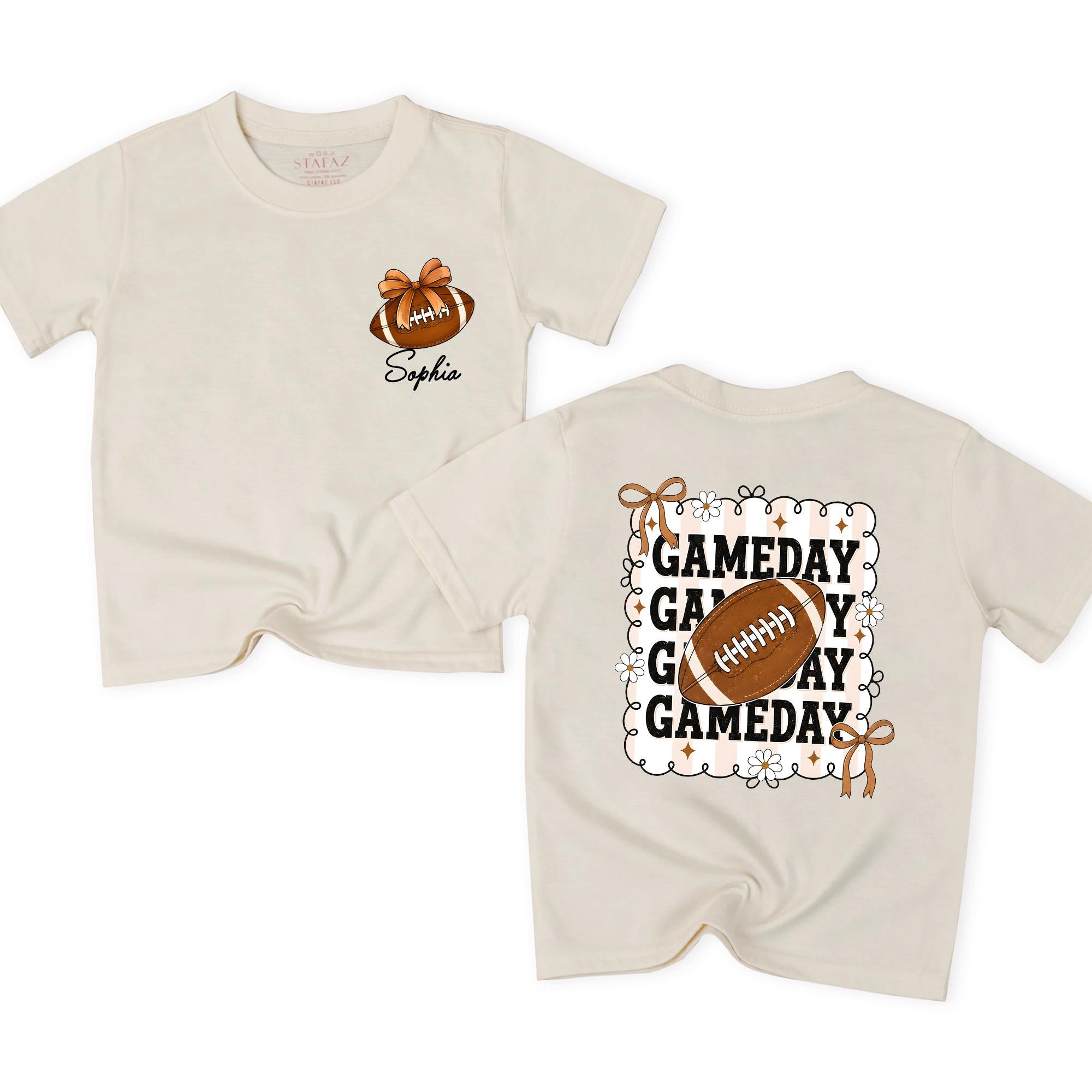 Custom Game Day Family Outfit with Football Artwork, Personalized Baby Romper, Kids' T-Shirt, and Adult Tee for Sports Birthdays