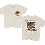 Custom Game Day Family Outfit with Football Artwork, Personalized Baby Romper, Kids' T-Shirt, and Adult Tee for Sports Birthdays
