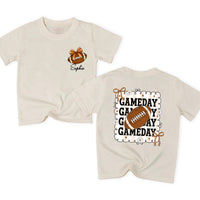 Custom Game Day Family Outfit with Football Artwork, Personalized Baby Romper, Kids' T-Shirt, and Adult Tee for Sports Birthdays