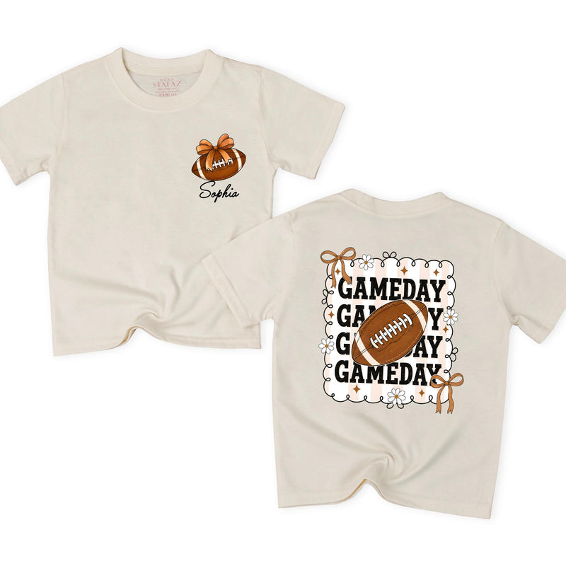 Custom Game Day Family Outfit with Football Artwork, Personalized Baby Romper, Kids' T-Shirt, and Adult Tee for Sports Birthdays