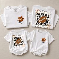 Custom Game Day Family Outfit with Football Artwork, Personalized Baby Romper, Kids' T-Shirt, and Adult Tee for Sports Birthdays