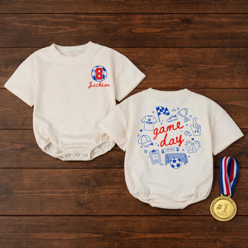 Custom Game Day Soccer Romper or Kids' T-Shirt with Retro Sports Doodles, Personalized Name & Number, Soft Cotton for Babies & Toddlers