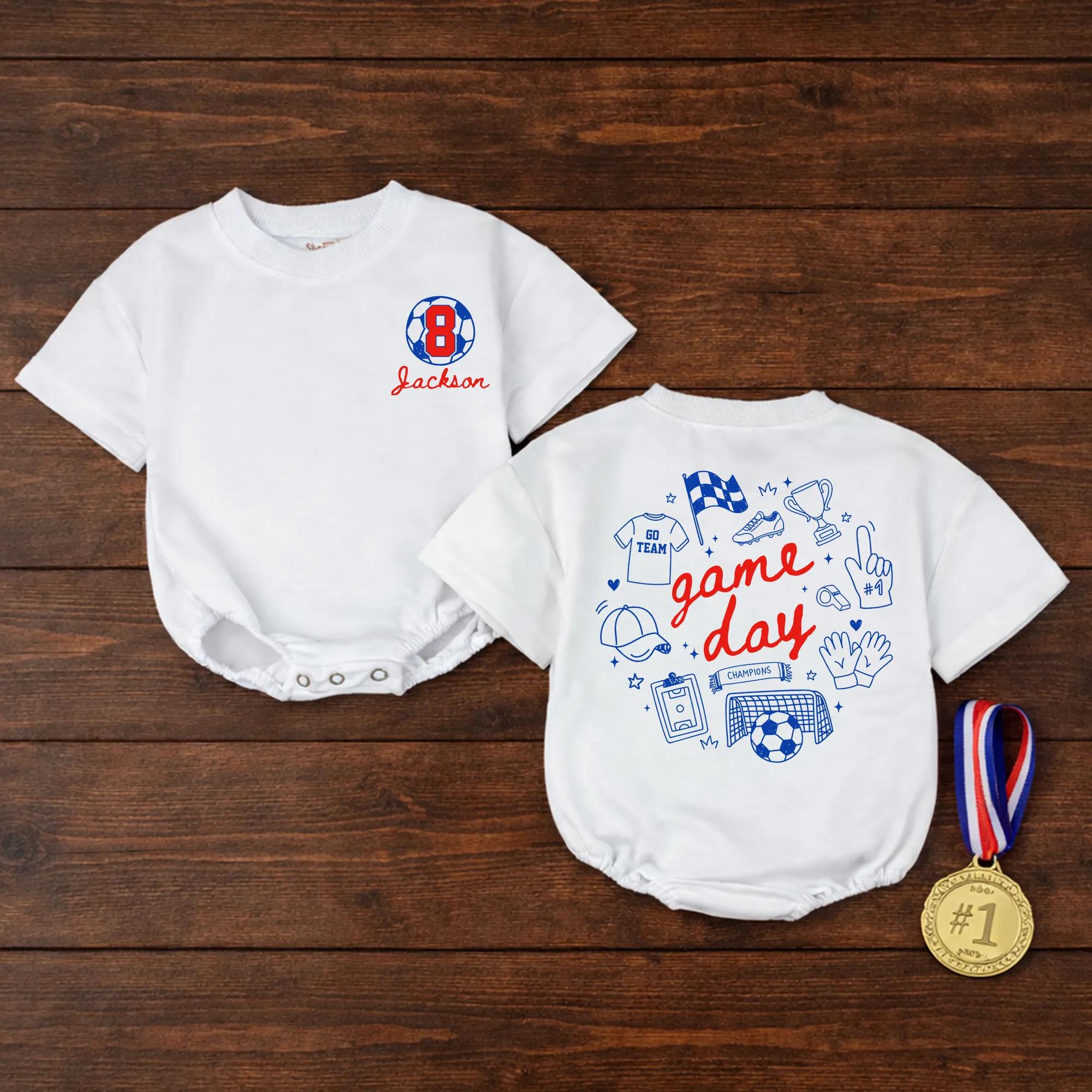 Custom Game Day Soccer Romper or Kids' T-Shirt with Retro Sports Doodles, Personalized Name & Number, Soft Cotton for Babies & Toddlers