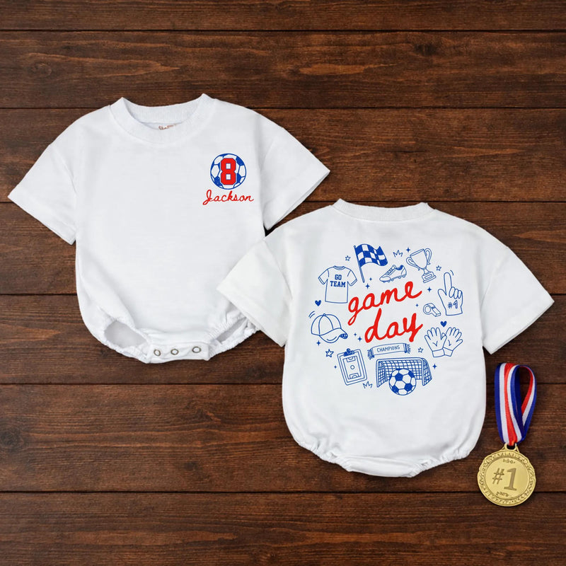 Custom Game Day Soccer Romper or Kids' T-Shirt with Retro Sports Doodles, Personalized Name & Number, Soft Cotton for Babies & Toddlers