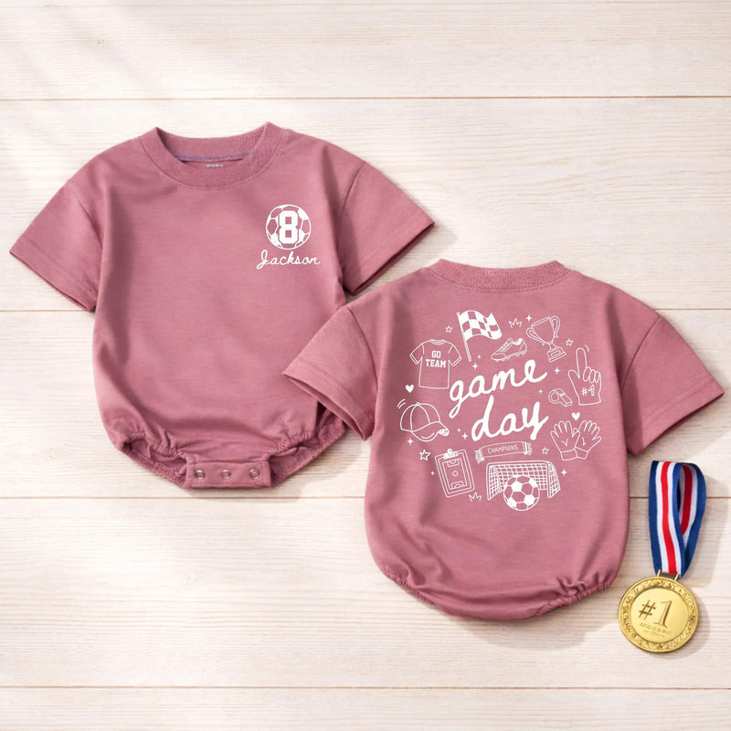 Custom Game Day Soccer Romper or Kids' T-Shirt with Retro Sports Doodles, Personalized Name & Number, Soft Cotton for Babies & Toddlers