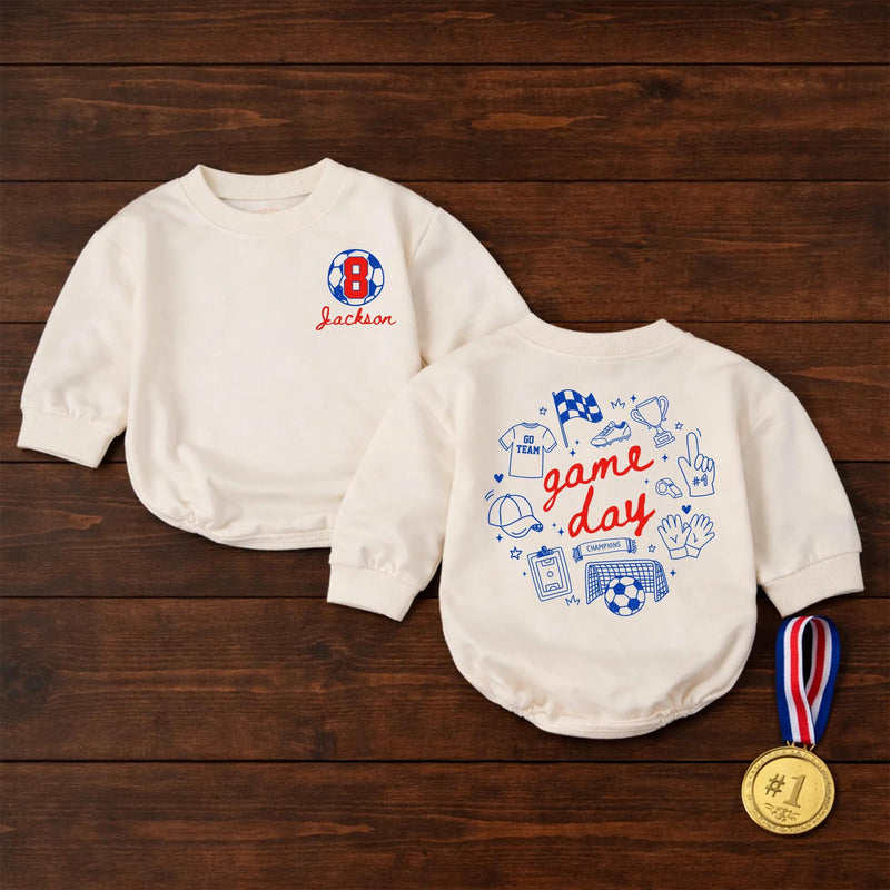 Custom Game Day Soccer Romper or Kids' T-Shirt with Retro Sports Doodles, Personalized Name & Number, Soft Cotton for Babies & Toddlers