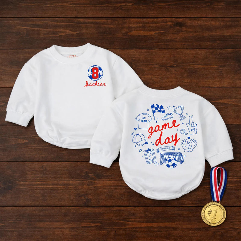 Custom Game Day Soccer Romper or Kids' T-Shirt with Retro Sports Doodles, Personalized Name & Number, Soft Cotton for Babies & Toddlers