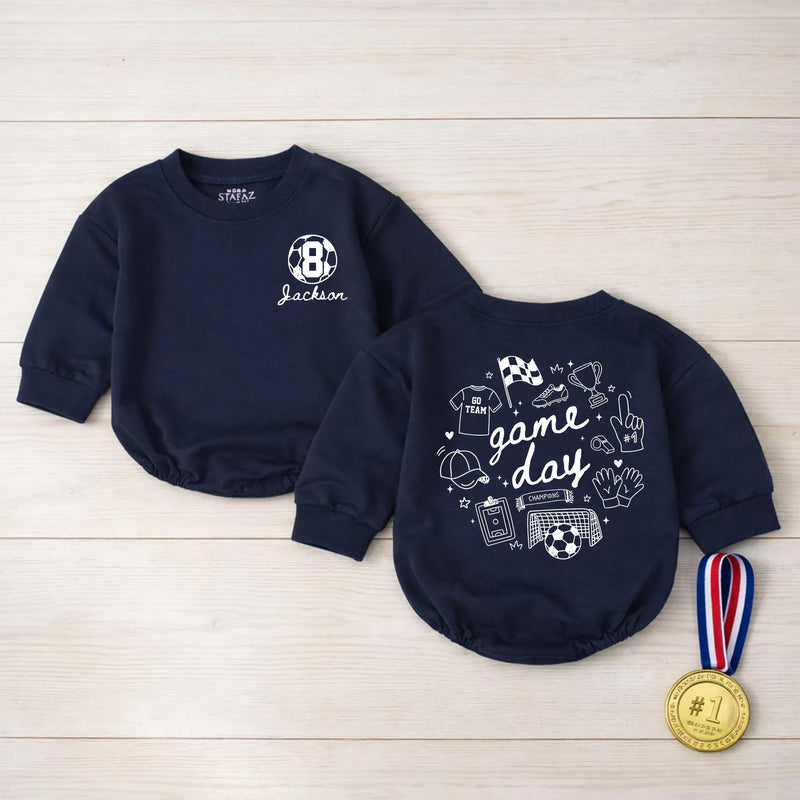 Custom Game Day Soccer Romper or Kids' T-Shirt with Retro Sports Doodles, Personalized Name & Number, Soft Cotton for Babies & Toddlers