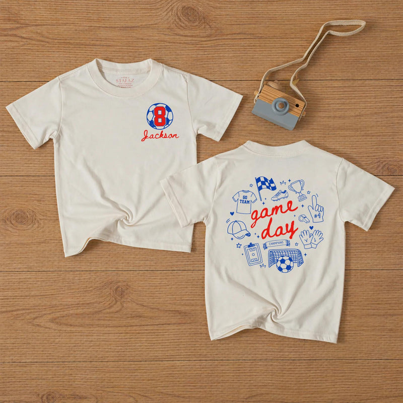 Custom Game Day Soccer Romper or Kids' T-Shirt with Retro Sports Doodles, Personalized Name & Number, Soft Cotton for Babies & Toddlers