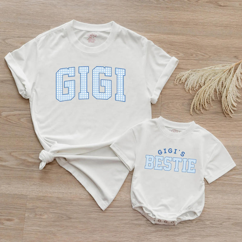 Custom Gigi and Baby Matching Shirt Set, Blue Gingham Varsity Print, Soft Cotton Tee & Bodysuit for Grandma, Mommy & Me Gift