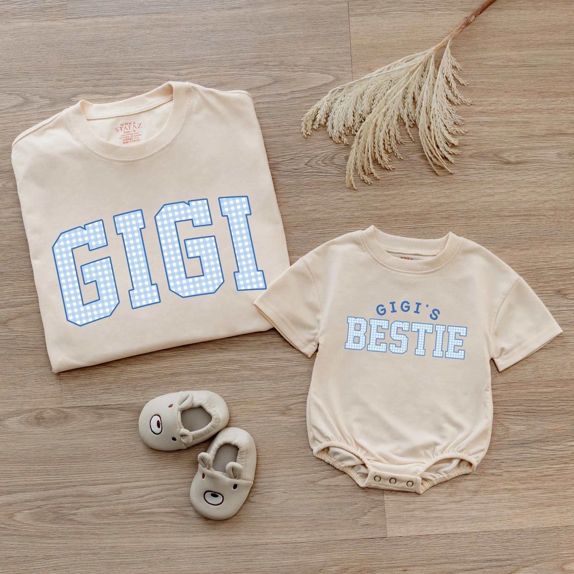 Custom Gigi and Baby Matching Shirt Set, Blue Gingham Varsity Print, Soft Cotton Tee & Bodysuit for Grandma, Mommy & Me Gift