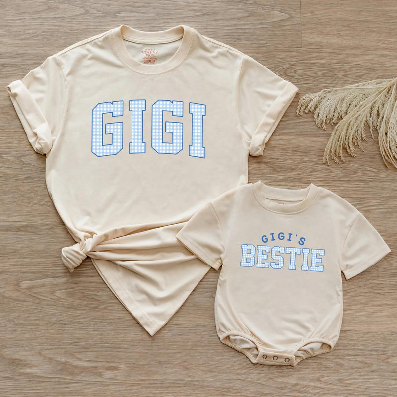 Custom Gigi and Baby Matching Shirt Set, Blue Gingham Varsity Print, Soft Cotton Tee & Bodysuit for Grandma, Mommy & Me Gift