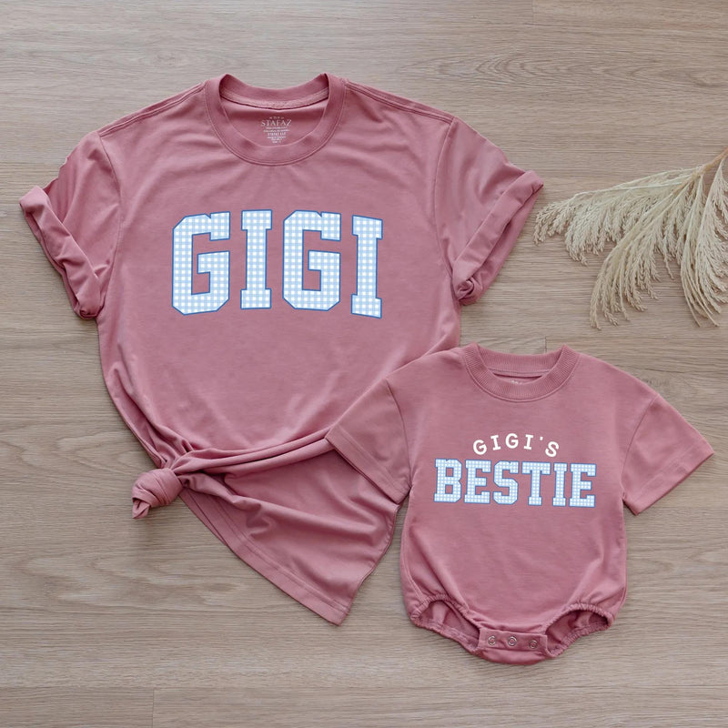 Custom Gigi and Baby Matching Shirt Set, Blue Gingham Varsity Print, Soft Cotton Tee & Bodysuit for Grandma, Mommy & Me Gift