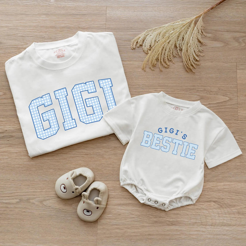 Custom Gigi and Baby Matching Shirt Set, Blue Gingham Varsity Print, Soft Cotton Tee & Bodysuit for Grandma, Mommy & Me Gift