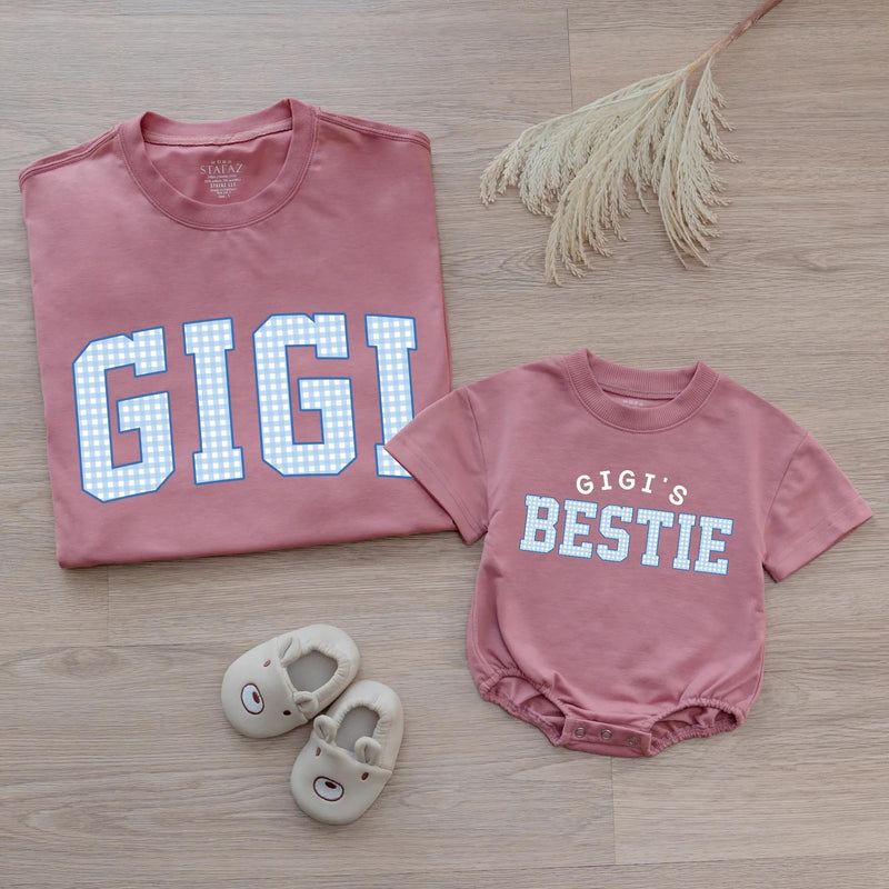 Custom Gigi and Baby Matching Shirt Set, Blue Gingham Varsity Print, Soft Cotton Tee & Bodysuit for Grandma, Mommy & Me Gift