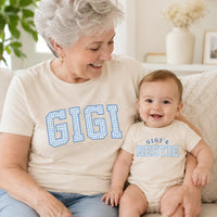 Custom Gigi and Baby Matching Shirt Set, Blue Gingham Varsity Print, Soft Cotton Tee & Bodysuit for Grandma, Mommy & Me Gift